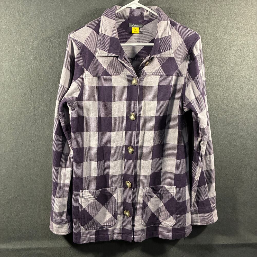 cabelas women cotton shacket medium purple plaid chore jacket western ranch farm